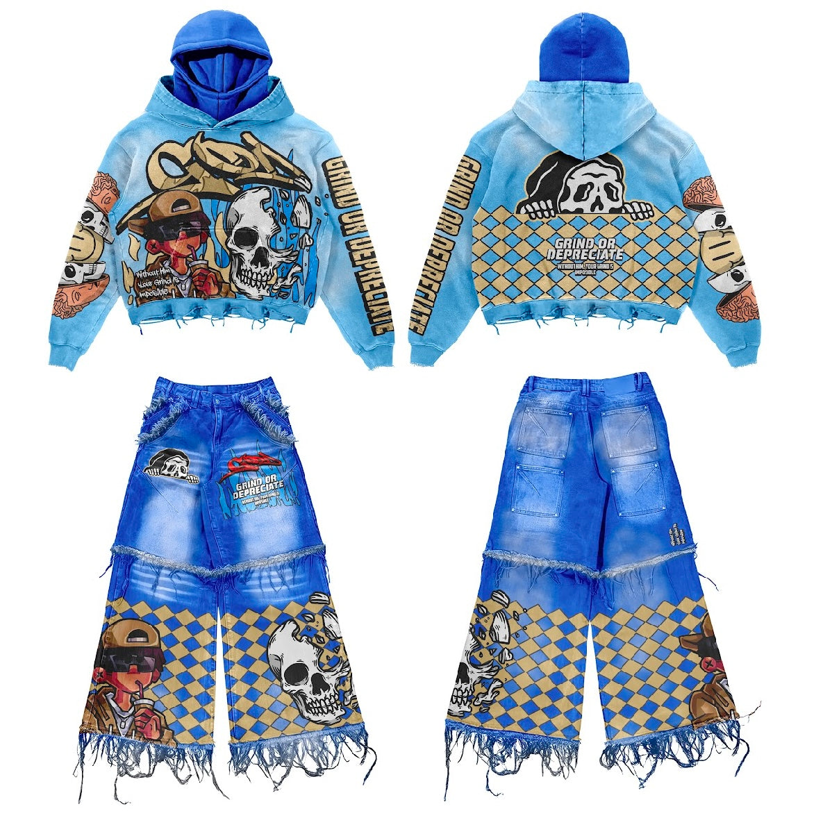 Baby Blue Double Hood SET ! With oversized Jeans !